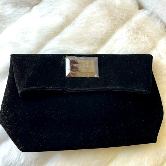 Giorgio Armani Perfum Logo Front Crushed Velvet Pouch Clutch Handbag Black - Picture 1 of 7